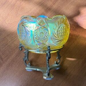 Fenton Iridescent Yellow Carnival Glass Decorative Bowl With Brass Stand